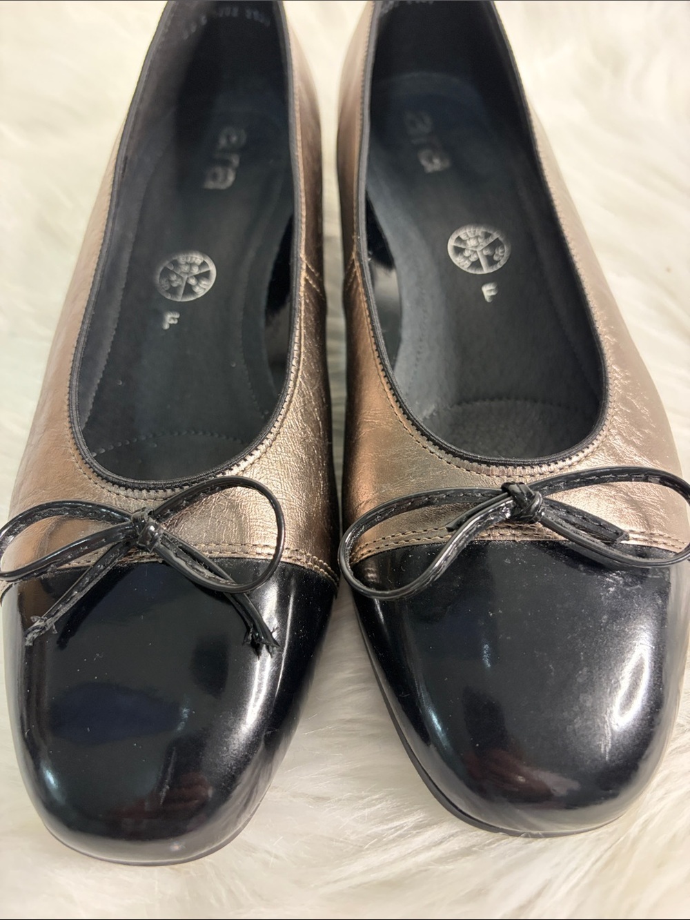 Ara Metallic Bronze and Black Cap-Toe Ballet Flats